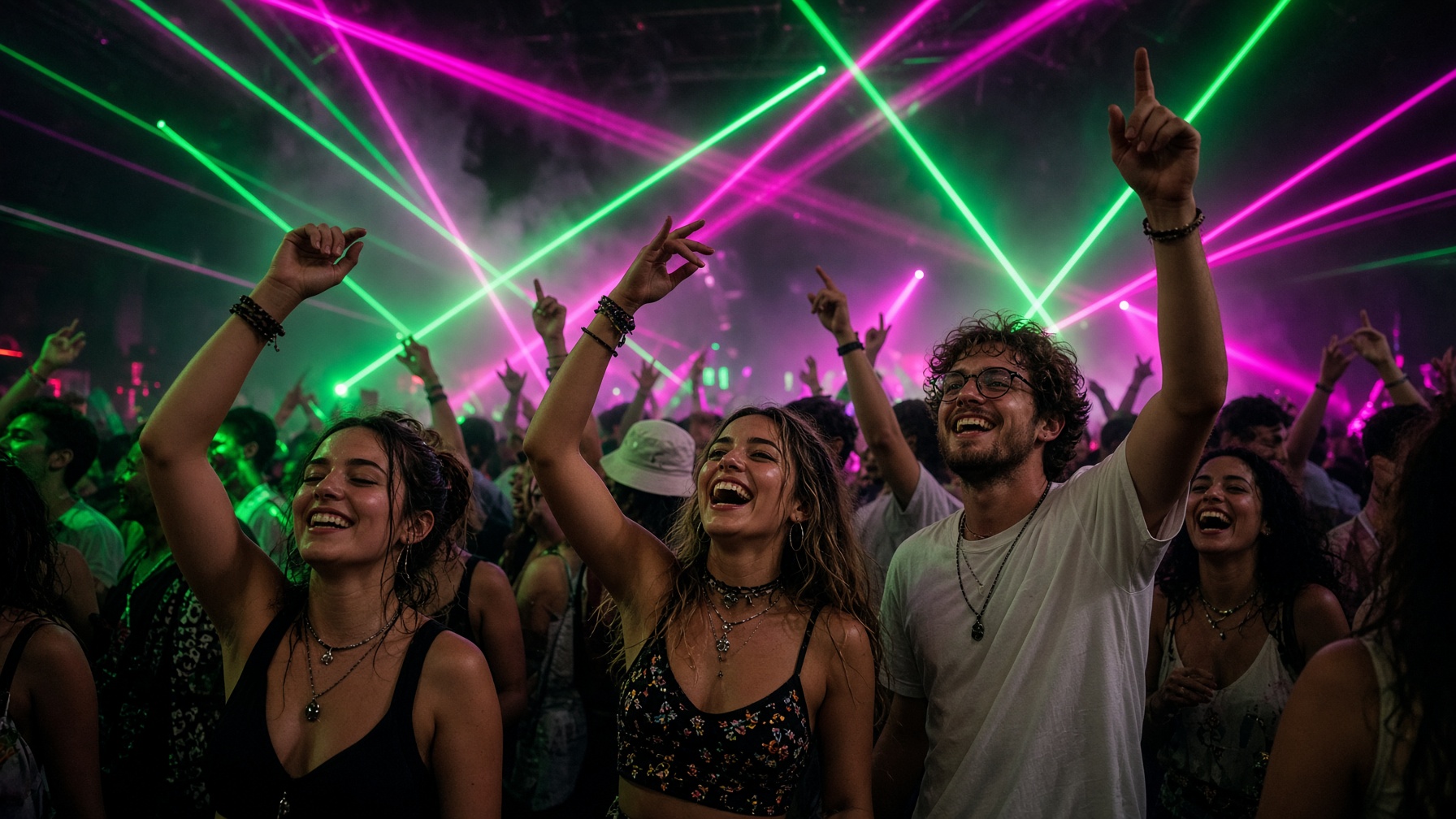 Happy ravers dancing under lasers and colorful light.